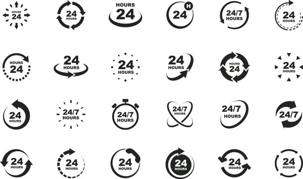 24 7 service icon set. 24-7 open, concept with call icon. Support 24 hours a day and 7 days a week. Support service. Vector Illustration.