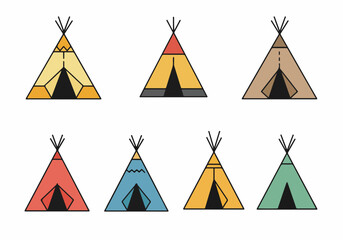 A Collection of Seven Colorful Minimalist Teepee and Wigwam Tent Illustrations Isolated on a White Background © Sabrina