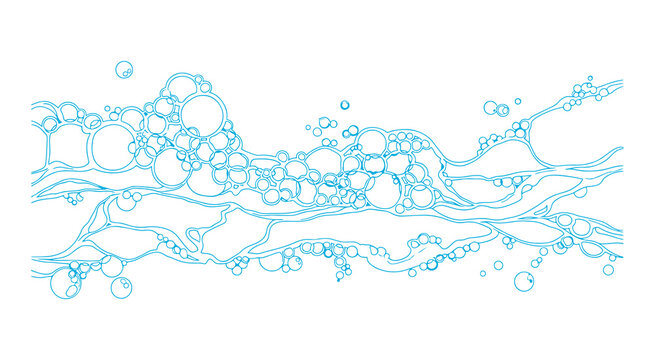 Soap bubbles and foamy suds line background in vector style with transparent outline pattern.