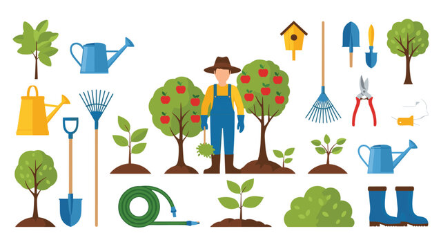 Professional gardener working in a fruit orchard surrounded by apple trees, plants, and various gardening tools.