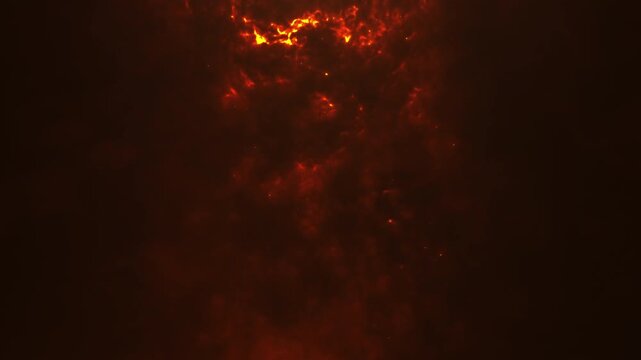 Fiery red plasma texture burns through a dark scene with glowing flame details, smoky depth and powerful abstract heat motion in a seamless loop.