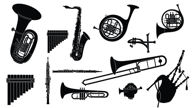 Collection of black silhouettes of wind musical instruments including trumpets, saxophones, flutes, and bagpipes on a white background.
