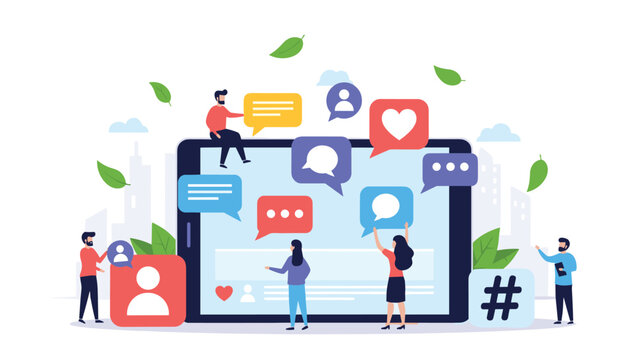Group of diverse people engaging with various social media icons like hearts and speech bubbles around a large digital tablet screen.