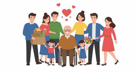 Obraz premium Happy Multigenerational Family Visiting and Caring for Elderly Grandfather in a Wheelchair with Groceries and Flowers