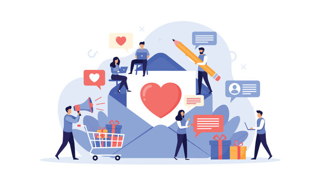 Creative team members collaborating on digital message strategy with large envelope and heart symbols in flat vector style.