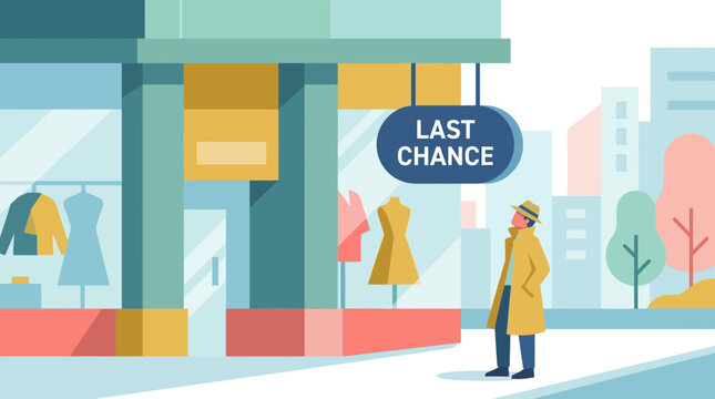 Man looking at last chance sale sign outside a clothing store