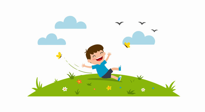 Happy Little Boy Rolling Down a Grassy Hill in Summer Nature Setting with Butterflies and Birds Illustration