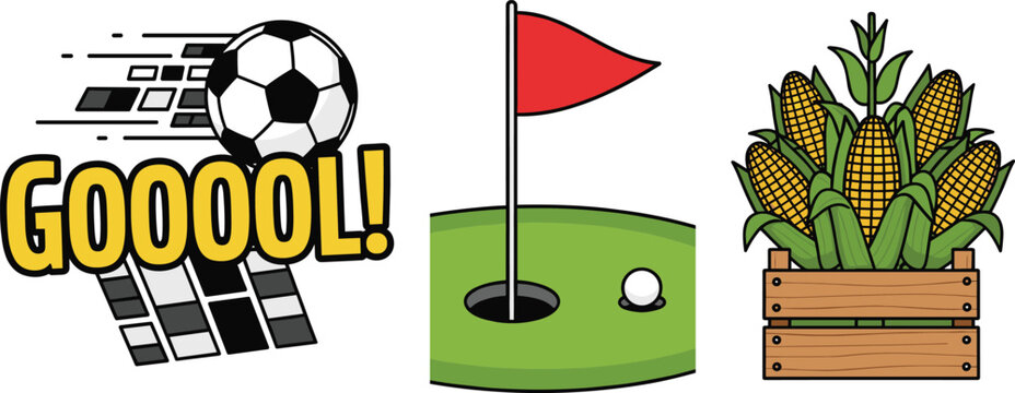 Flat Vector Illustration Set Featuring Soccer Ball with Goal Text, Golf Ball on Green with Red Flag, and Fresh Corn in Wooden Crate