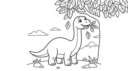 Smiling cartoon dinosaur standing under tree. © bhinar