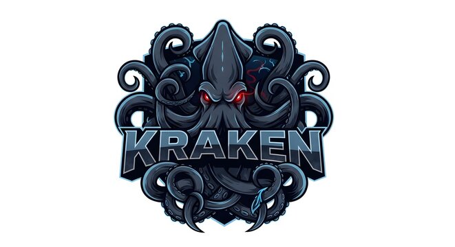 Kraken mascot design features a stylized giant squid with dark tentacles and glowing red eyes.