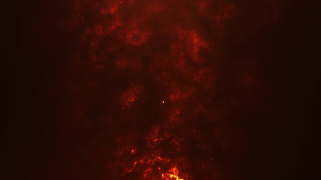 Fiery red flame texture burns through dark space with glowing particles and intense heat detail. Abstract fire energy background in 4K 60FPS seamless loop.