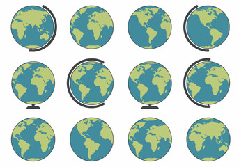 Obraz premium Set of flat vector world globe icons showing different continents and rotations in a vintage color palette on a white background.