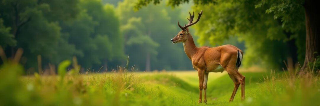 Male Barasingha in Kanha, side profile; lush forest backdrop , side profile, male, Kanha National Park