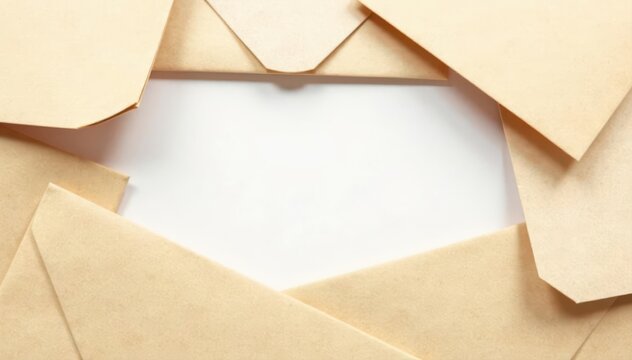 Opened & closed brown kraft envelopes; clean white backdrop , postage, minimal, paper