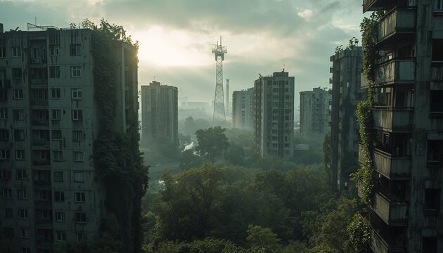 Aerial cinematic view of abandoned apartment blocks in post-apocalyptic exclusion zone