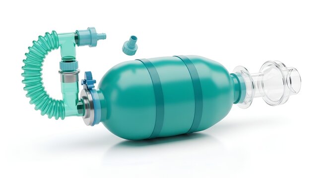 Teal manual resuscitator bag with mask and valve, medical emergency equipment