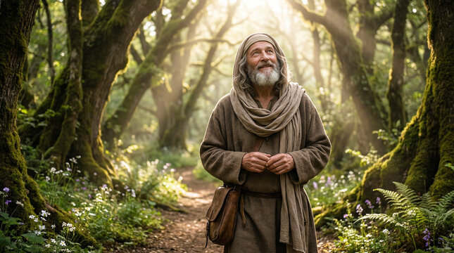 Enoch walking with God in a radiant forest, serene biblical Old Testament scene of faith, communion and divine presence
