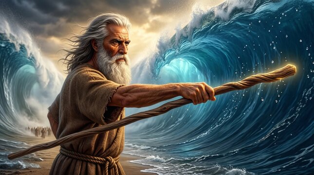 Moses parting the sea with his staff, dramatic biblical Old Testament scene of divine power and deliverance