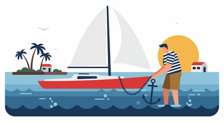 Naklejka premium Flat vector illustration of a man pulling a heavy anchor for a red sailboat at sunset near a tropical island.