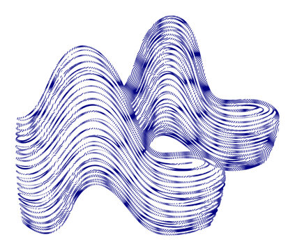 Abstract flowing blue lines creating a dynamic, wave-like form on a white background.