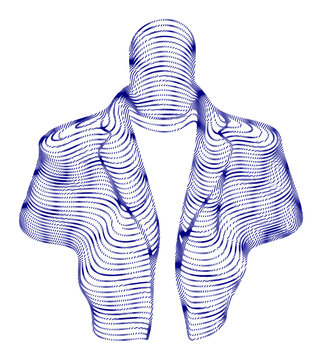 Abstract blue lines form a sophisticated jacket outline, suggesting style and professionalism.