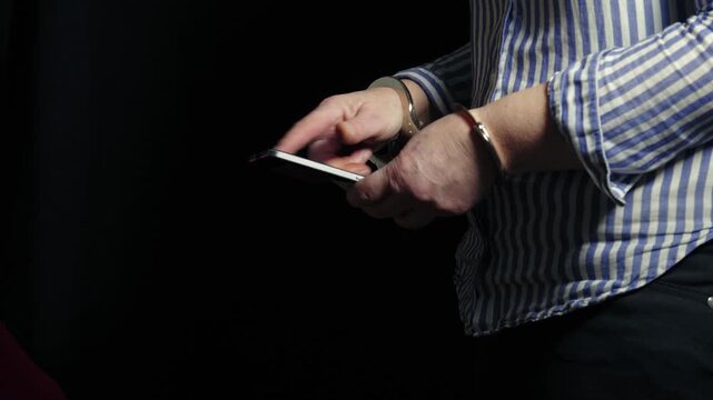 Woman mindless scrolling mobile cellphone dark background