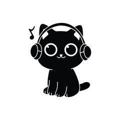 Fototapeta premium Cute black and white minimalist cartoon cat with headphones vector style