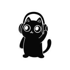 Fototapeta premium Cute black and white minimalist cartoon cat with headphones vector style