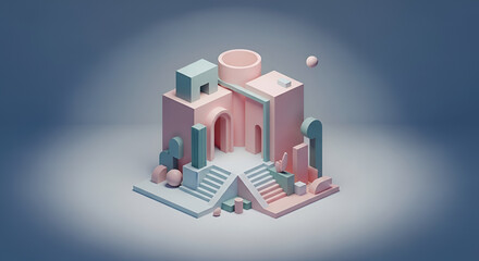 Fototapeta premium isometric abstract structure made of pastel pink and blue voxels, architectural diorama, 3d render, clean geometric shapes, soft lighting