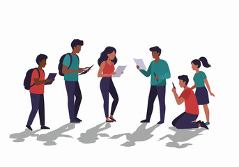 Obraz premium Diverse group of students or office workers collaborating, studying, and reviewing documents in a flat vector illustration style isolated on white.