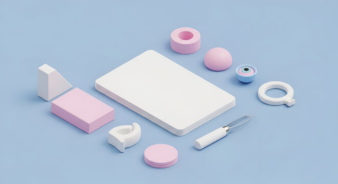 Isometric arrangement of minimalist pastel geometric shapes and objects on a light blue background, abstract composition, 3d render