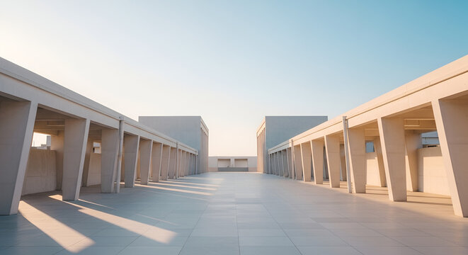 Modern architectural walkway with colonnades and rhythmic shadows at sunrise, clean geometric lines, tranquil outdoor space, daylight ambiance