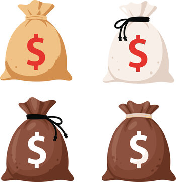 Set of Four Sack Cloth Money Bags with Dollar Symbols in Different Colors and Tie Styles for Finance, Banking, Wealth, and Investment Concepts