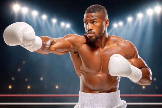 Boxer throwing an uppercut in a spotlighted boxing ring showing power, focus and athleticism