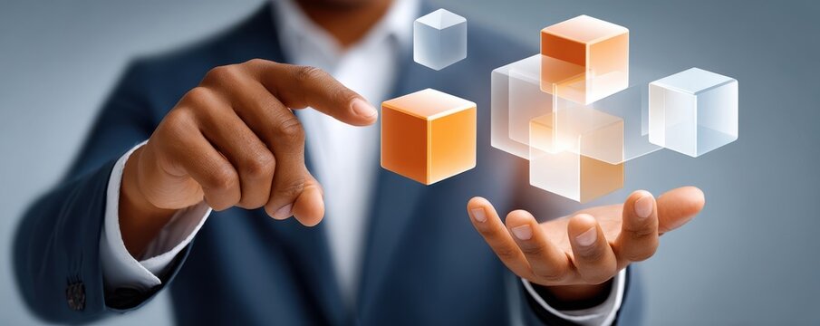Businessman in suit interacting with a digital hologram of floating cubes and technology interface