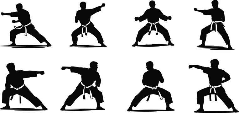 Martial Arts Karate Silhouette Set Featuring Fighters in Various Combat Poses, Katas, and Stances with Traditional Gi and Belt for Sports Design