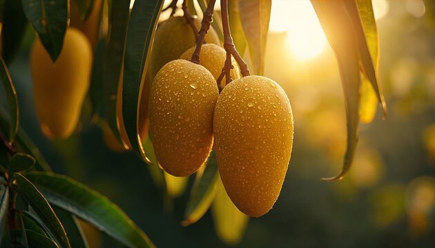 Perfect ripening golden-yellow mangoes on a branch in a sunlit orchard.