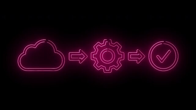 Neon pink flowchart diagram with glowing gear icons and arrows on a black background with a futuristic and technological mood.