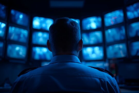 Security Operator Monitoring Multiple Screens in Blue-Lit Control Room
