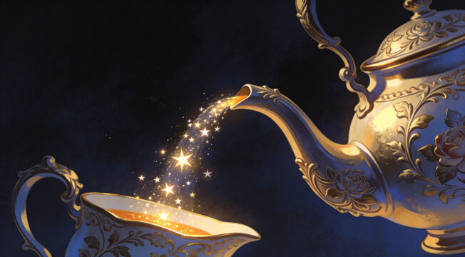 Enchanting digital art of magic stardust pouring from a vintage porcelain teapot into a teacup, whimsical fantasy tea party concept, glowing golden stars and sparkles on a dark background.