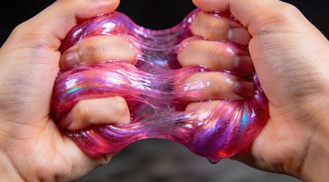 Close-up of hands stretching iridescent pink slime, translucent sensory toy with holographic shimmer, satisfying ASMR texture and stress relief concept, colorful gooey putty for kids.