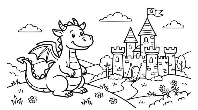 Smiling Cartoon Dragon Sitting Outdoors Freely.