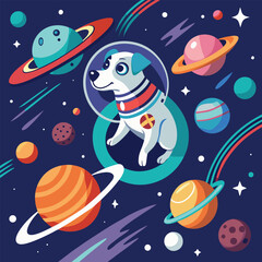 Naklejka premium Cartoon dog in space, astronaut dog, planets and stars, colorful vector illustration, space dog