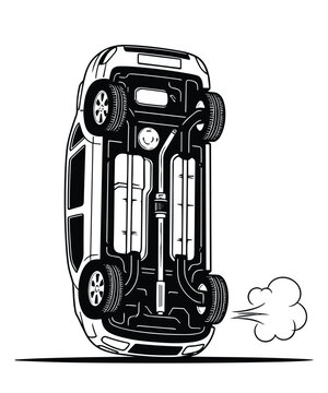 Vehicle chassis bottom view with exhaust pipe and smoke cloud for repair vector.