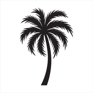 Single black silhouette of a palm tree with bent trunk and detailed fronds
