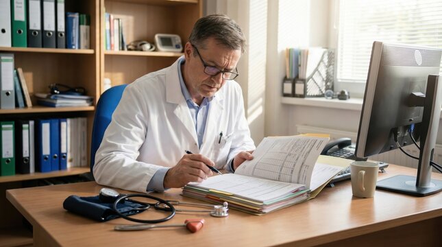 Doctor checking medical documents at office desk