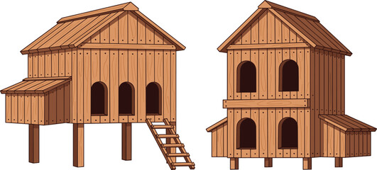 Set of Traditional Wooden Poultry Houses and Elevated Chicken Coops for Sustainable FarmingSet of Traditional Wooden Poultry Houses and Elevated Chicken Coops for Sustainable Farming © Sonjoy