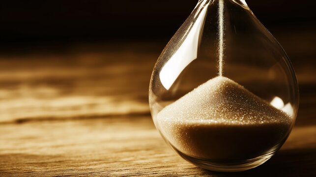 infamy. Final grain of sand falling through hourglass center, soft wooden background, dramatic lighting. wellbeing guides.