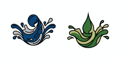 Naklejka premium Abstract Blue Water Splash and Green Leaf Eco Droplet Logo Icons Set