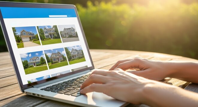 Woman browsing real estate website on laptop. Hands typing on keyboard. Open listings of houses. Modern tech convenience. Online home search. Digital property marketplace. Buying home